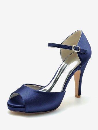 ディープブルーウェディングシューズ ブライダルパンプス サテン ピープトゥ