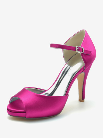 ローズレッドウェディングシューズ ブライダルパンプス サテン ピープトゥ