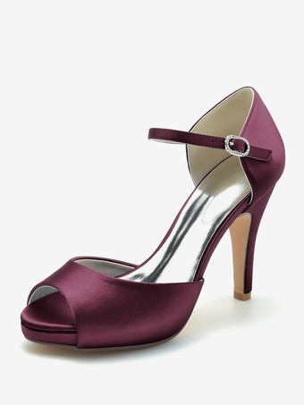 ワインレッド ウェディングシューズ ブライダルパンプス サテン ピープトゥ