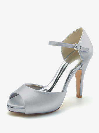 シルバー ウェディングシューズ ブライダルパンプス サテン ピープトゥ