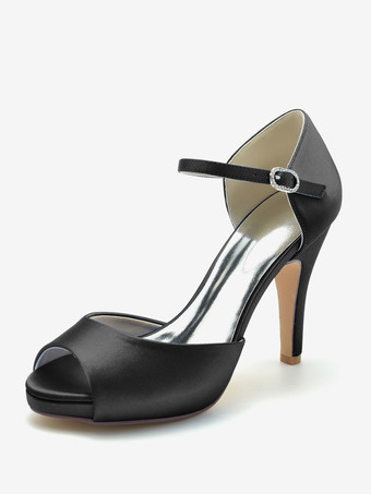 ブラック ウェディングシューズ ブライダルパンプス サテン ピープトゥ