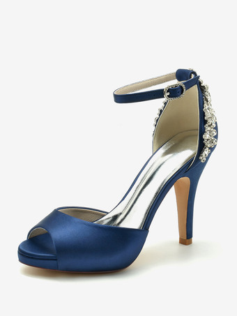 ディープブルーウェディングシューズ ブライダルパンプス サテン ピープトゥ ラインストーン