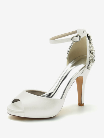 アイボリーウェディングシューズ ブライダルパンプス サテン ピープトゥ ラインストーン