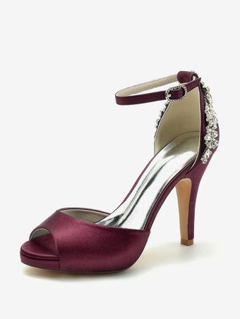 ワインレッド ウェディングシューズ ブライダルパンプス サテン ピープトゥ ラインストーン