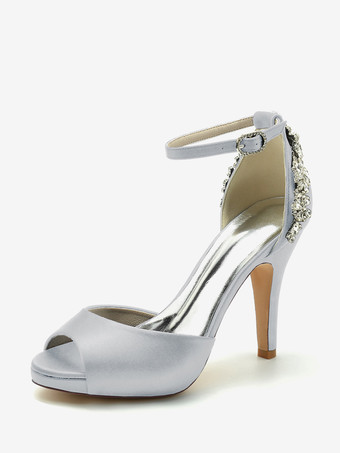 シルバー ウェディングシューズ ブライダルパンプス サテン ピープトゥ ラインストーン