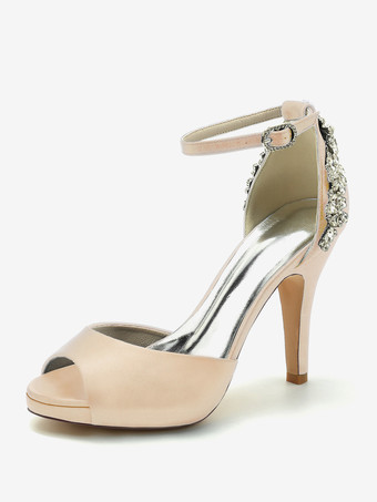 シャンパンカラーウェディングシューズ ブライダルパンプス サテン ピープトゥ ラインストーン