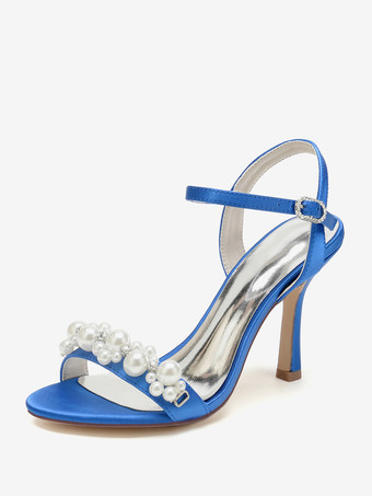 ロイヤルブルーブライダルサンダル アイボリー サテン シック オープントゥ ラインストーン ウェディングサンダル