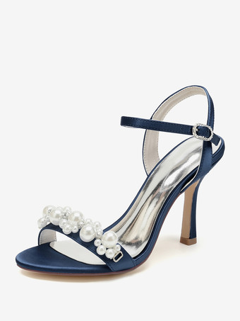 ディープブルーブライダルサンダル アイボリー サテン シック オープントゥ ラインストーン ウェディングサンダル