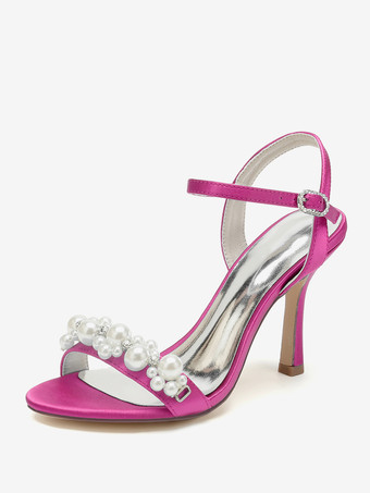 ローズレッドブライダルサンダル アイボリー サテン シック オープントゥ ラインストーン ウェディングサンダル