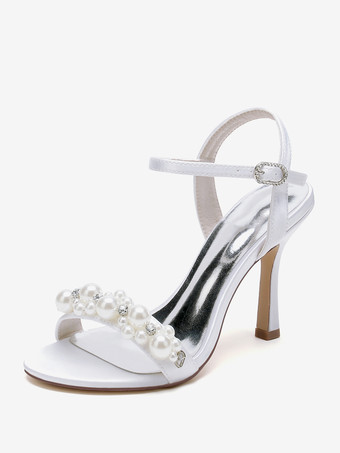 ホワイト ブライダルサンダル アイボリー サテン シック オープントゥ ラインストーン ウェディングサンダル