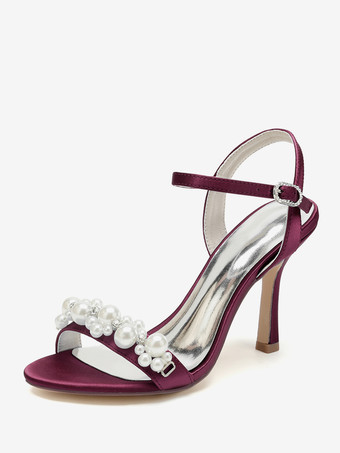 ワインレッド ブライダルサンダル アイボリー サテン シック オープントゥ ラインストーン ウェディングサンダル