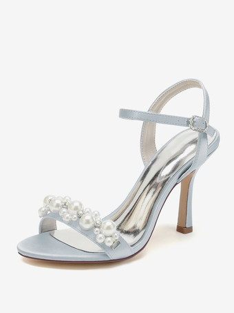 シルバー ブライダルサンダル アイボリー サテン シック オープントゥ ラインストーン ウェディングサンダル