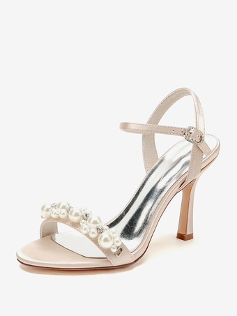 シャンパンカラーブライダルサンダル アイボリー サテン シック オープントゥ ラインストーン ウェディングサンダル