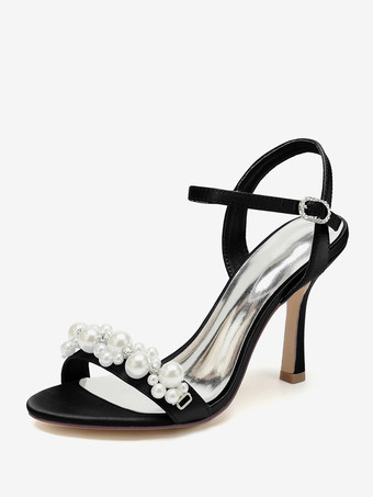 ブラック ブライダルサンダル アイボリー サテン シック オープントゥ ラインストーン ウェディングサンダル