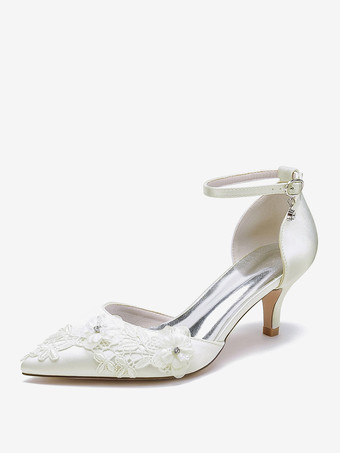 アイボリー ウェディングシューズ ブライダルパンプス サテン ポインテッドトゥ