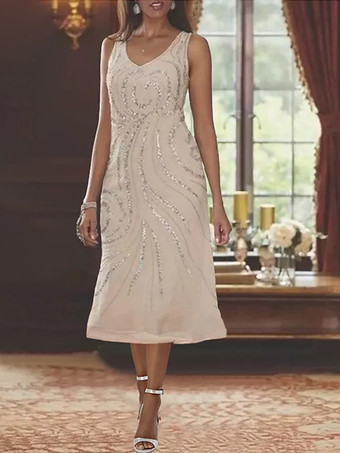 マザードレス デザインネックライン 長袖 ツーピース スパンコール ゲストドレス 結婚式用