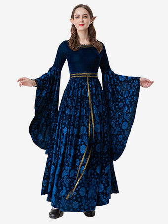 ディープブルーのレトロジャカードセットドレス エレガントな魔女コスチューム ヴィンテージ服