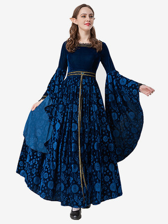 ディープブルーのレトロジャカードセットドレス エレガントな魔女コスチューム ヴィンテージ服