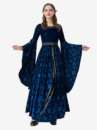 ディープブルーのレトロジャカードセットドレス エレガントな魔女コスチューム ヴィンテージ服