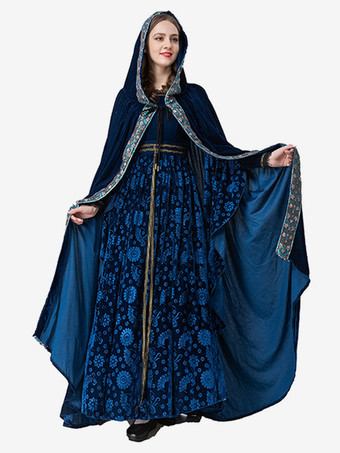 ディープブルーディープブルーのレトロジャカードセットドレス エレガントな魔女コスチューム ヴィンテージ服