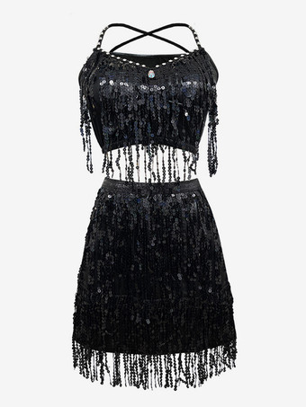 ブラック ラテンダンス ゴールド スパンコール フリンジ セット セクシー スカート トップ ダンス コスチューム