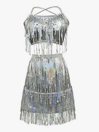 シルバー ラテンダンス ゴールド スパンコール フリンジ セット セクシー スカート トップ ダンス コスチューム