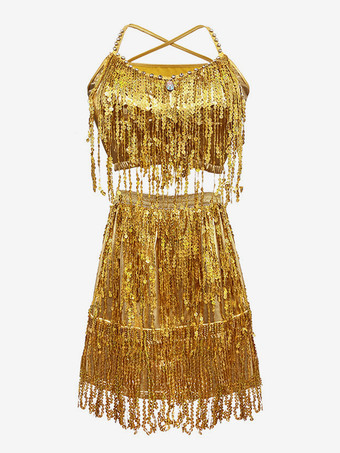 ラテンダンス ゴールド スパンコール フリンジ セット セクシー スカート トップ ダンス コスチューム