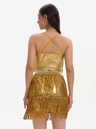 ラテンダンス ゴールド スパンコール フリンジ セット セクシー スカート トップ ダンス コスチューム