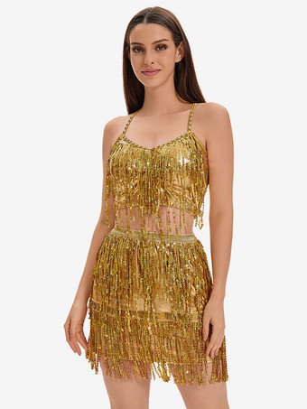 ラテンダンス ゴールド スパンコール フリンジ セット セクシー スカート トップ ダンス コスチューム