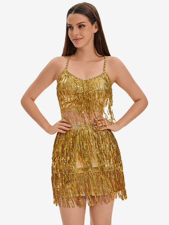 ラテンダンス ゴールド スパンコール フリンジ セット セクシー スカート トップ ダンス コスチューム