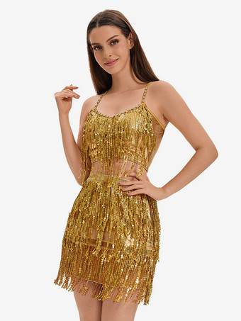 ラテンダンス ゴールド スパンコール フリンジ セット セクシー スカート トップ ダンス コスチューム