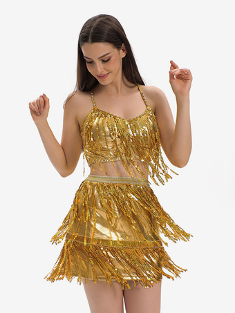 ラテンダンス ゴールド スパンコール フリンジ セット セクシー スカート トップ ダンス コスチューム