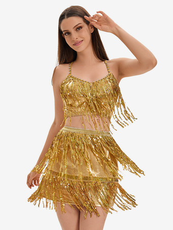 ゴールド ラテンダンス ゴールド スパンコール フリンジ セット セクシー スカート トップ ダンス コスチューム