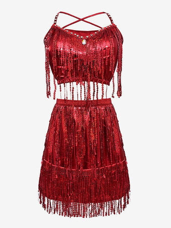 レッド ラテンダンス ゴールド スパンコール フリンジ セット セクシー スカート トップ ダンス コスチューム