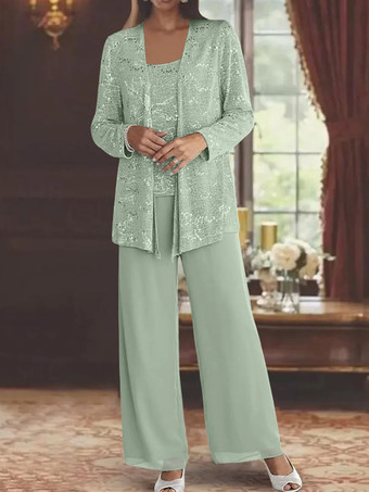 セージグリーン花嫁の母親のためのパーティードレス ジュエルネック 長袖 ツーピース スパンコール 足首丈 結婚式用ゲストドレス