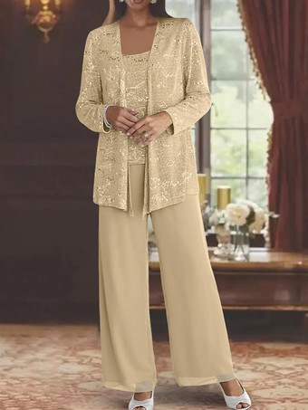 シャンパン花嫁の母親のためのパーティードレス ジュエルネック 長袖 ツーピース スパンコール 足首丈 結婚式用ゲストドレス