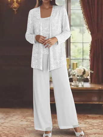 アイボリー花嫁の母親のためのパーティードレス ジュエルネック 長袖 ツーピース スパンコール 足首丈 結婚式用ゲストドレス