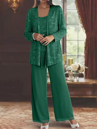 グリーン 花嫁の母親のためのパーティードレス ジュエルネック 長袖 ツーピース スパンコール 足首丈 結婚式用ゲストドレス