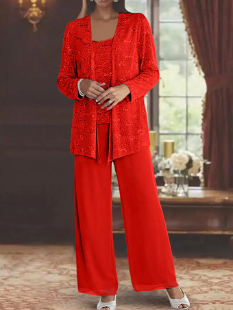 レッド 花嫁の母親のためのパーティードレス ジュエルネック 長袖 ツーピース スパンコール 足首丈 結婚式用ゲストドレス