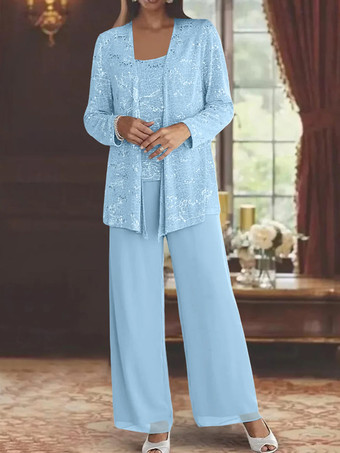 スカイブルー 花嫁の母親のためのパーティードレス ジュエルネック 長袖 ツーピース スパンコール 足首丈 結婚式用ゲストドレス