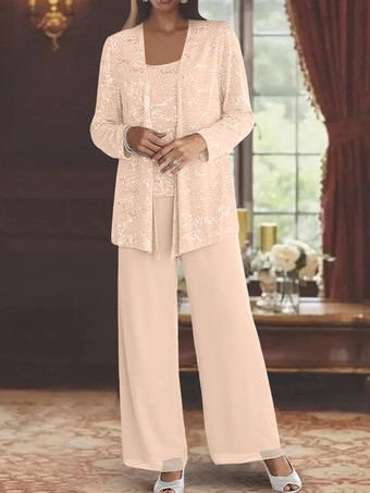 ソフトピンク花嫁の母親のためのパーティードレス ジュエルネック 長袖 ツーピース スパンコール 足首丈 結婚式用ゲストドレス