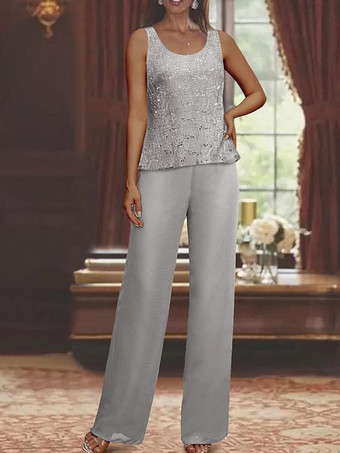 ライトグレー花嫁の母親のためのパーティードレス ジュエルネック 長袖 ツーピース スパンコール 足首丈 結婚式用ゲストドレス