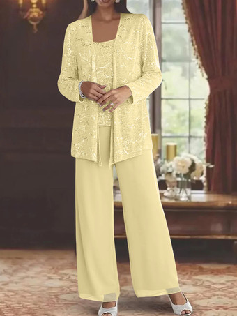 スイセン色花嫁の母親のためのパーティードレス ジュエルネック 長袖 ツーピース スパンコール 足首丈 結婚式用ゲストドレス