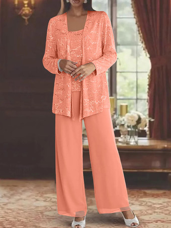 ピーチ ファズ花嫁の母親のためのパーティードレス ジュエルネック 長袖 ツーピース スパンコール 足首丈 結婚式用ゲストドレス