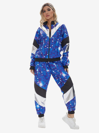 ヒップホップダンスウェアコスチュームブルーメンズレトロトップパンツセット