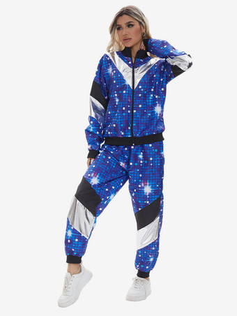 ブルー ヒップホップダンスウェアコスチュームブルーメンズレトロトップパンツセット