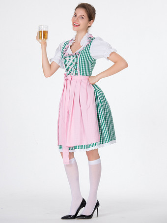 グリーン オクトーバーフェストコスチューム グリーンチェック柄 レトロドレス エプロンセット ホリデーコスチューム