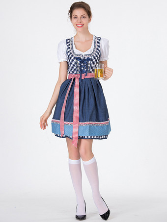 ディープブルーオクトーバーフェストコスチューム グリーンチェック柄 レトロドレス エプロンセット ホリデーコスチューム