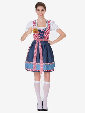 ライトスカイブルーオクトーバーフェストコスチューム グリーンチェック柄 レトロドレス エプロンセット ホリデーコスチューム