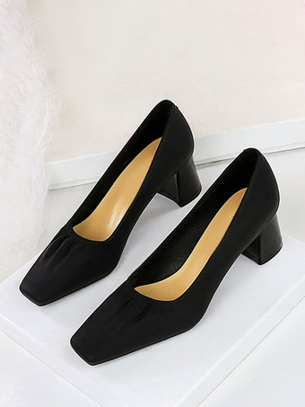 レディース ミッドローヒール スリッポン スクエアトゥ チャンキーヒール デイリーカジュアルパンプス ブラック